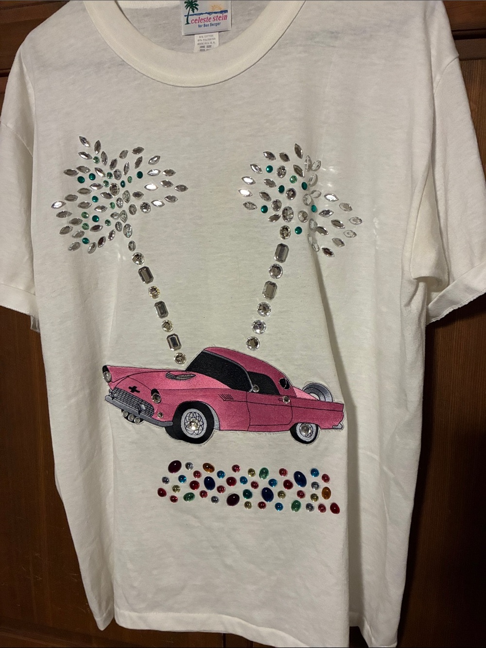 Celeste White Tee with Pink Vintage Car & Multicolor Gem Accents